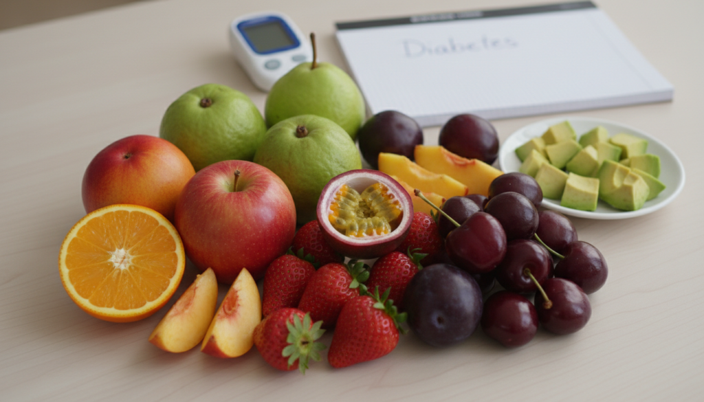 healthy fruits arrangement on wooden table
